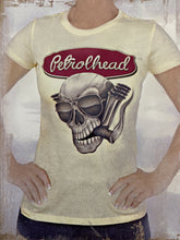 Load image into Gallery viewer, Yellow cotton babydoll tee with Petrolhead Skull logo

