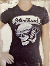 Load image into Gallery viewer, Black cotton babydoll tee with Petrolhead Skull logo
