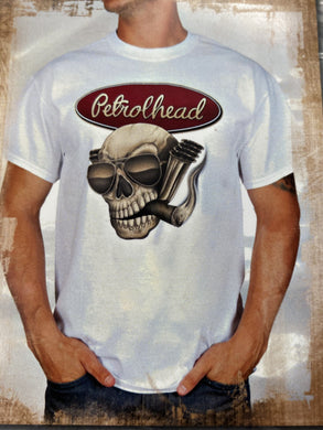 White cotton tee shirt with maroon signature Petrolhead logo
