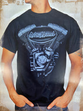 Load image into Gallery viewer, Black cotton tee shirt with Grayscale V-Twin Petrolhead logo 
