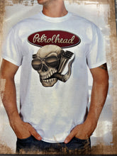Load image into Gallery viewer, White cotton tee shirt with maroon signature Petrolhead logo
