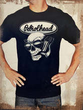 Load image into Gallery viewer, Black cotton tee shirt with white signature Petrolhead logo
