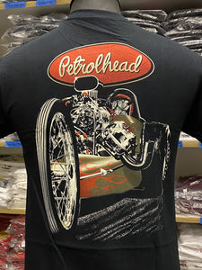 Black cotton tee shirt with Petrolhead Front Engine Dragster logo