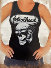 Load image into Gallery viewer, Black cotton tank top with Petrolhead Skull logo
