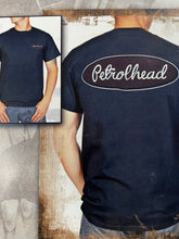 Load image into Gallery viewer, Black cotton tee shirt with maroon Petrolhead logo on back

