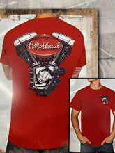 Load image into Gallery viewer, Red cotton tee shirt with Black V-Twin Petrolhead logoback
