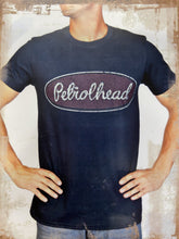 Load image into Gallery viewer, Black cotton tee shirt with maroon vintage Petrolhead logo
