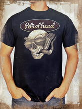 Load image into Gallery viewer, Black cotton tee shirt with maroon signature Petrolhead logo
