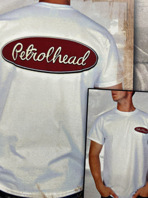 White cotton tee shirt with maroon Petrolhead logo on back