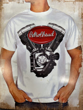 Load image into Gallery viewer, White cotton tee shirt with Black V-Twin Petrolhead logo 

