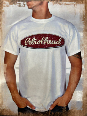 White cotton tee shirt with maroon vintage Petrolhead logo
